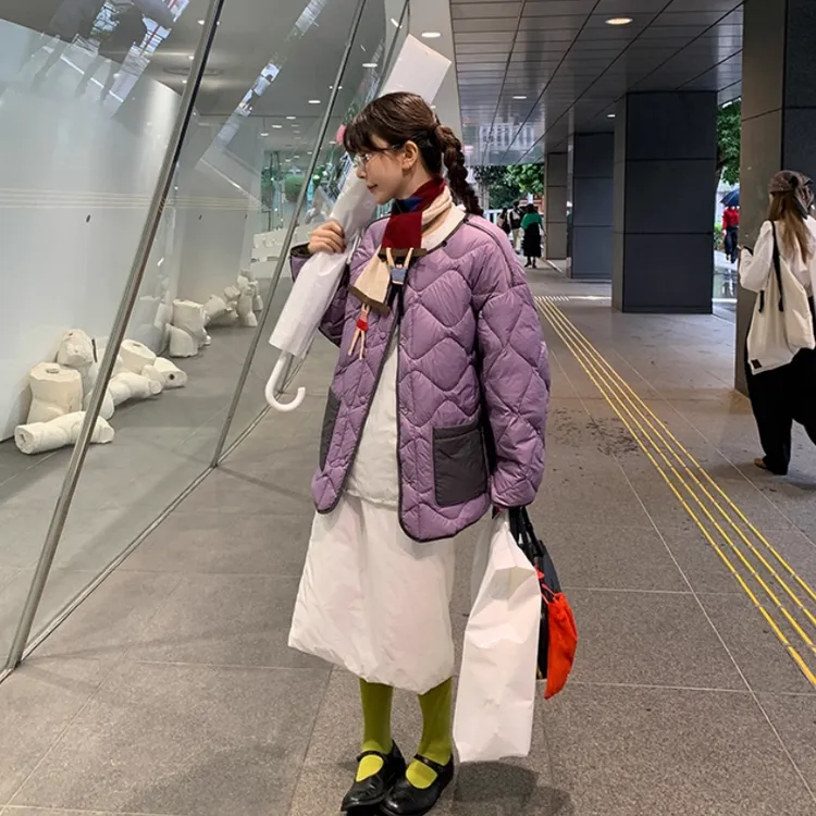 le rouge周美美 实力两面穿90白鸭绒绿色紫色毛领绗线轻羽绒服