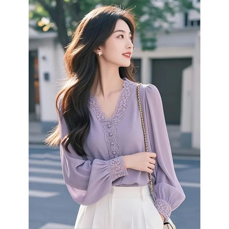 法式高级感气质v领蕾丝长袖衬衫女秋季新款洋气独特超好看小上衣