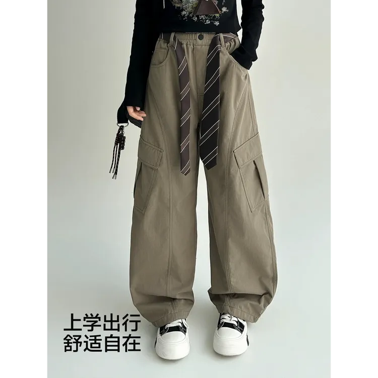 秋季新款女童复古工装裤中大童运动风宽松洋气长裤显瘦遮肉zb6109