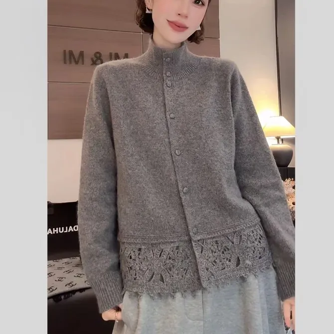 设计感针织衫蕾丝显瘦毛衣下摆钩花高领毛衣针织打底上衣K1-81