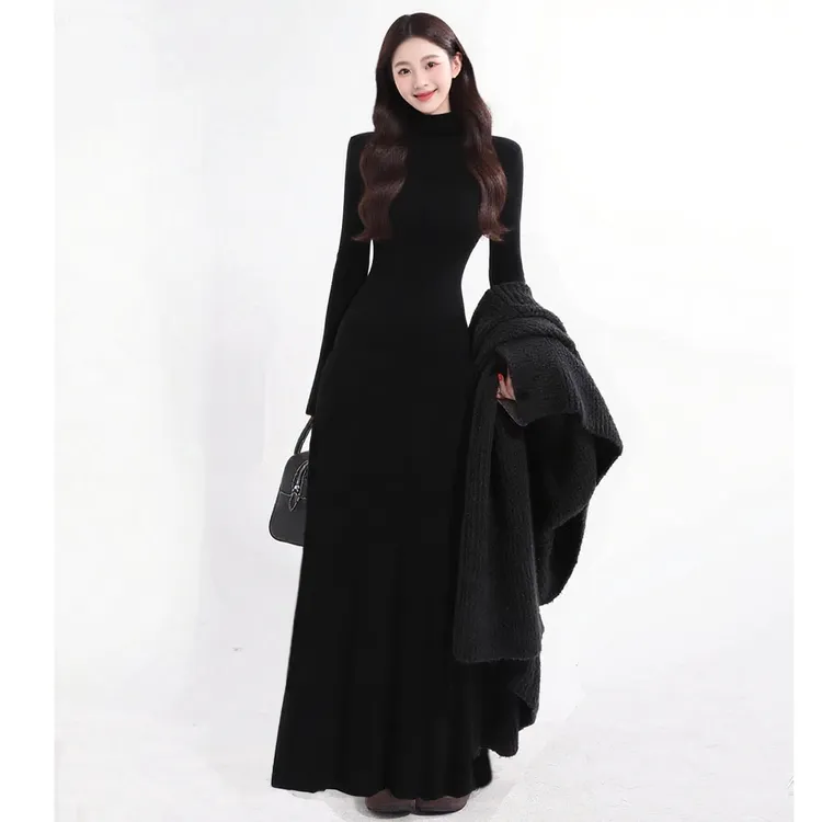 半高领加绒韩风长袖打底女连衣裙复古气质时尚修身显瘦内搭裙子