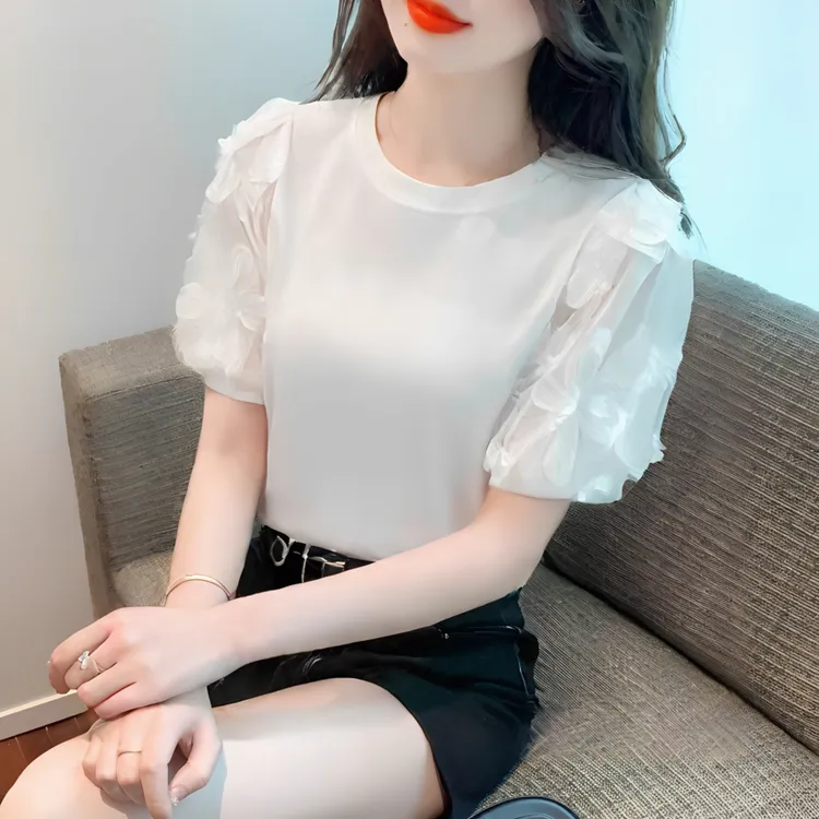 2025夏季新款法式时尚圆领蕾丝拼接短袖T恤女款打底衫泡泡袖上衣