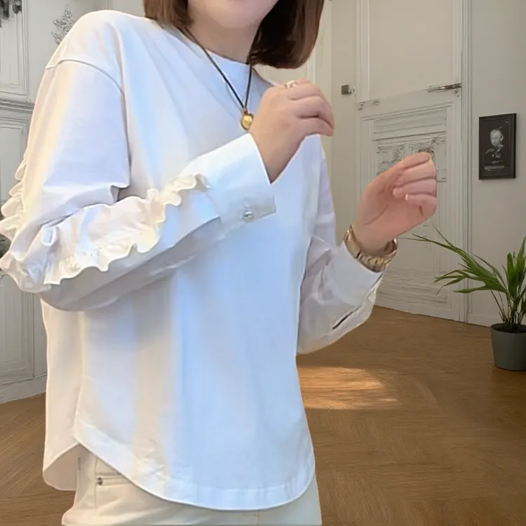 设计感袖口拼接蕾丝长袖T恤女2025春季新款简约休闲显瘦圆领上衣
