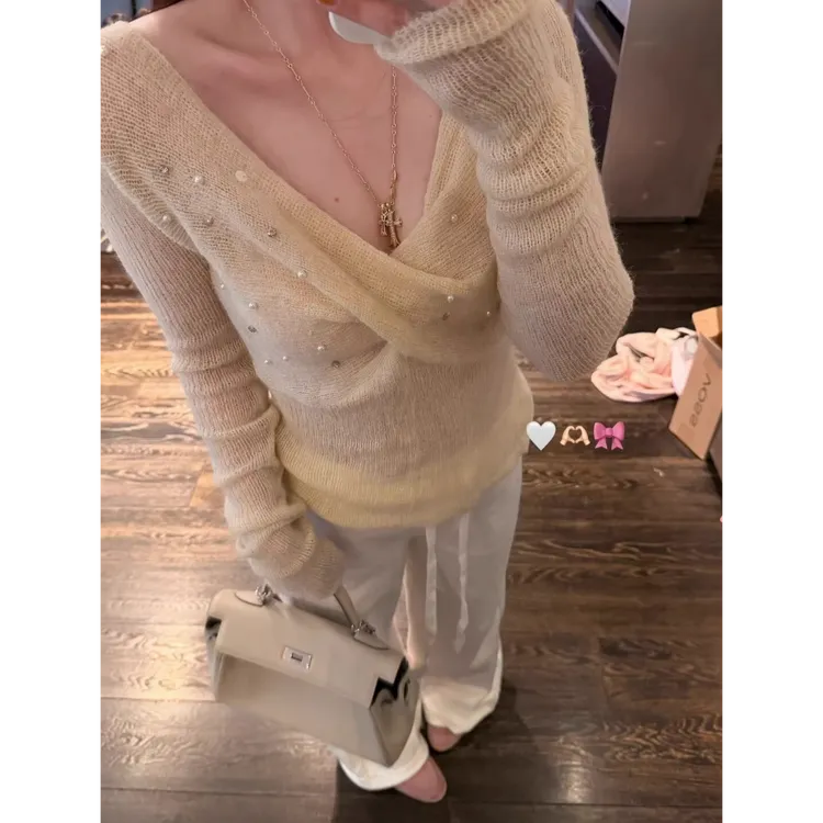 纯欲温柔风长袖V领亮片扭结针织衫女秋冬季修身显瘦套头打底上衣