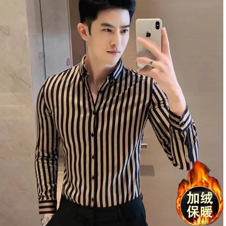 FANCBUDY冬季保暖衬衫长袖男加厚加绒条纹男士衬衣内搭修身上衣