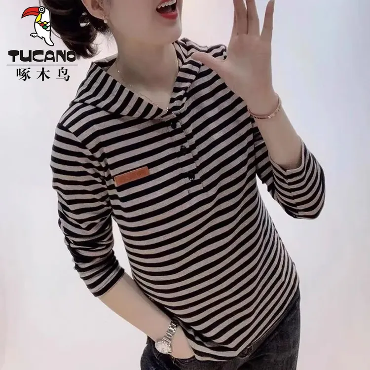啄木鸟官方正品休闲风连帽条纹长袖T恤女装春秋时尚洋气修身上衣