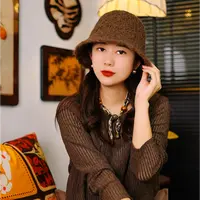 卷边秋冬羊毛简约帽子女百搭休闲盆帽时尚显脸小韩版显脸小水桶帽