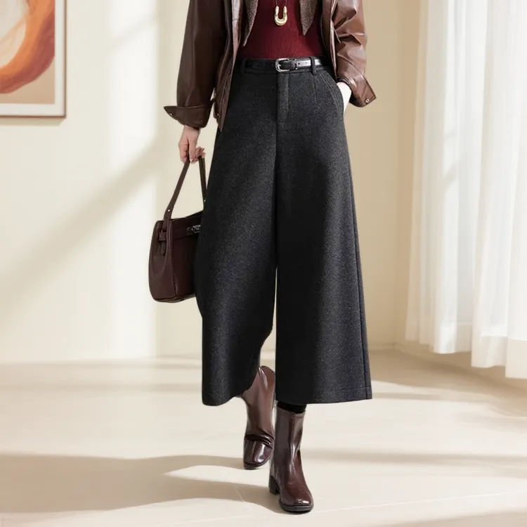 2025裤子网红款毛呢加厚高腰阔腿裤秋冬九分裤直筒裤休闲裤显瘦