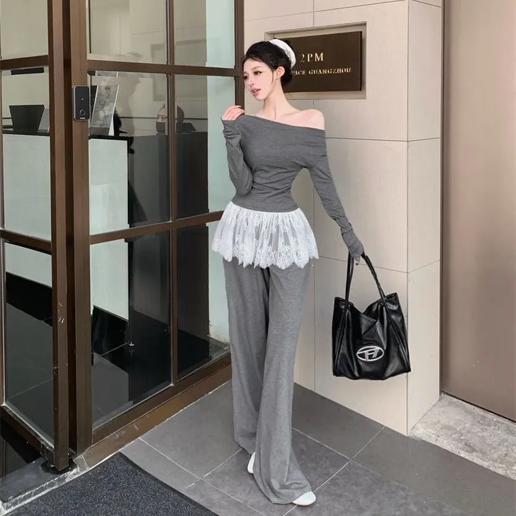 2025春季新款时尚套装辣妹妹拼接蕾丝一字肩上衣T恤高腰阔腿长裤