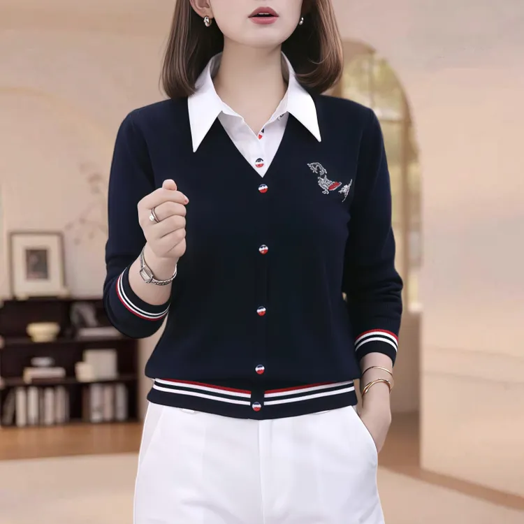 时尚高级感重工烫钻小狗衬衫领假两件上衣女春秋季新款气质针织衫