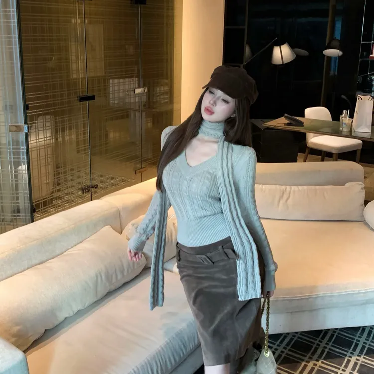 复古设计感V领绞花针织衫毛衣女收腰上衣+半身裙套装