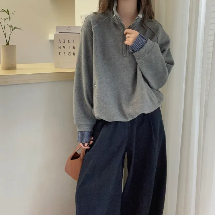 立领半拉链加绒加厚卫衣女欧洲站2025冬季欧货潮宽松假两件上衣