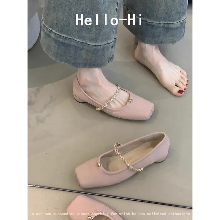 羊皮版~仙女温柔风方头金属链低跟玛丽珍鞋浅口法式气质晚晚单鞋