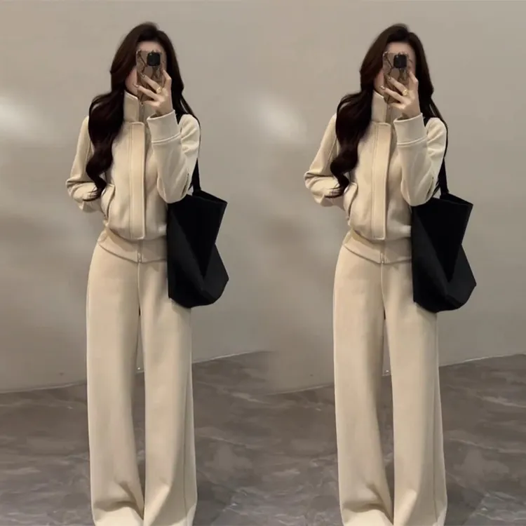 冬季穿搭一整套女高级感2025新款立领加厚加绒卫衣+阔腿裤两件套