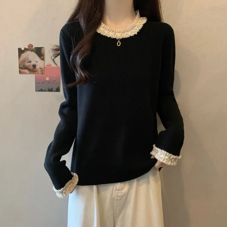 大码遮肚子钉珠长袖针织打底衫女春秋微胖MM修身显瘦百搭洋气毛衣