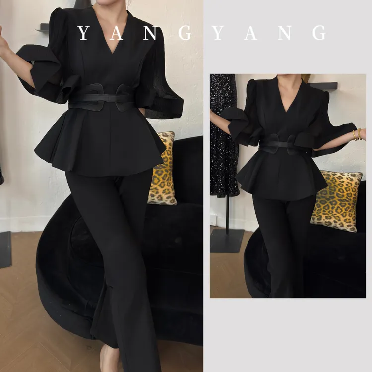 YANGYANG 夏季时尚显瘦气质女士V领收腰上衣洋气套装