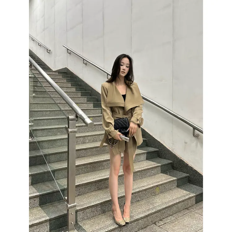 5werkwen 北川景子古早风衣 荷叶领短款大翻领风衣外套气质大衣