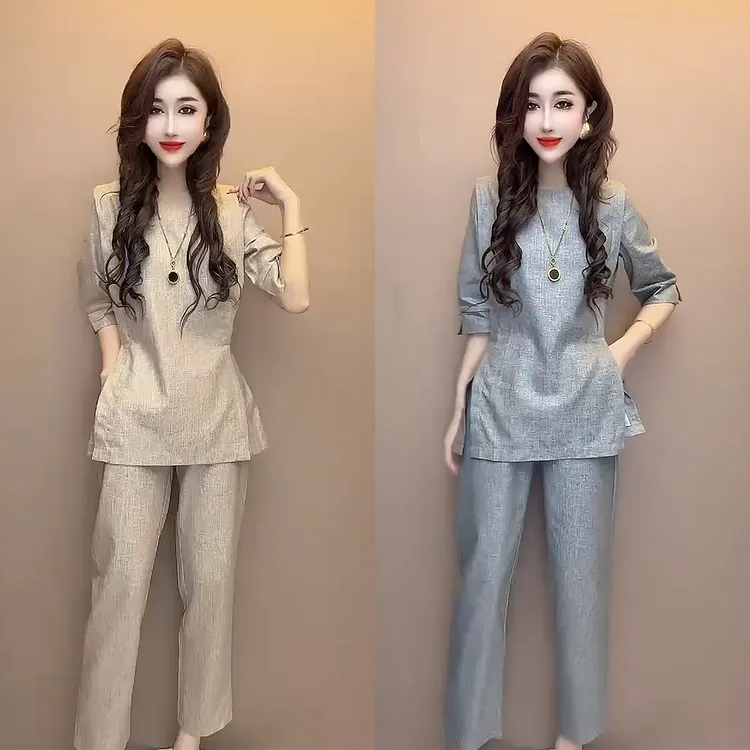 80711夏季新款 时尚百搭 薄款半袖圆领开叉上衣+裤子休闲两件套