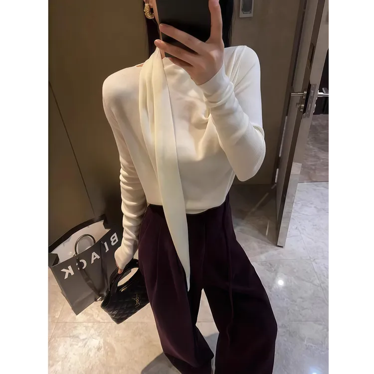 法式气质氛围感飘带围脖针织衫女春秋显瘦长袖上衣设计感打底衫