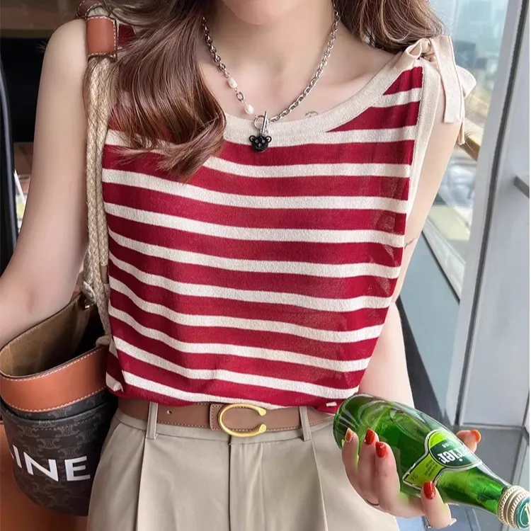 条纹背心女夏外穿宽松薄款内搭新款针织吊带无袖t恤打底红色上衣