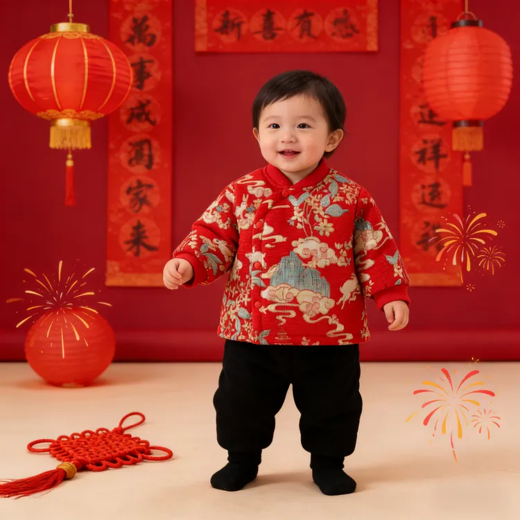 【现货】240克拜年服婴儿冬季分体套装棉衣婴幼儿保暖两件套夹棉