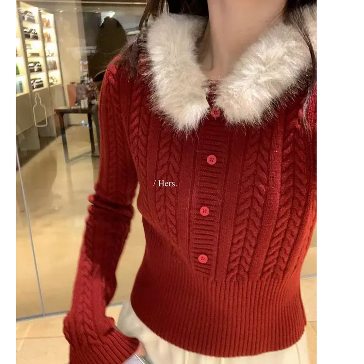 圣诞新年红色毛毛领绞花纹针织衫女秋冬复古修身辣妹毛衣打底上衣