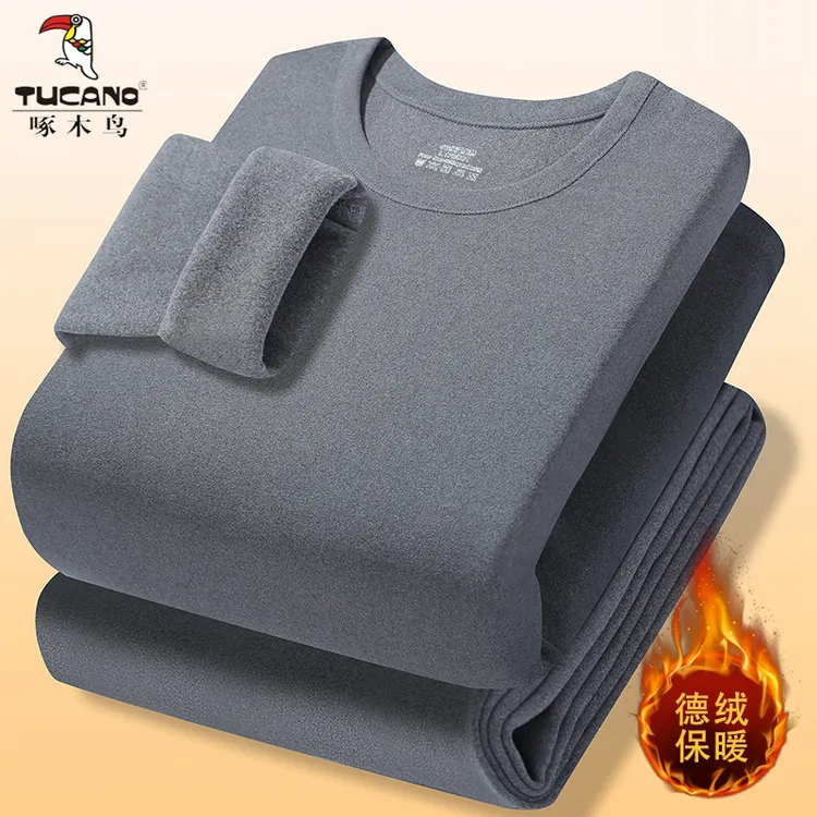 啄木鸟男士保暖内衣套装双面德绒冬季圆领秋衣秋裤中老年防寒打底