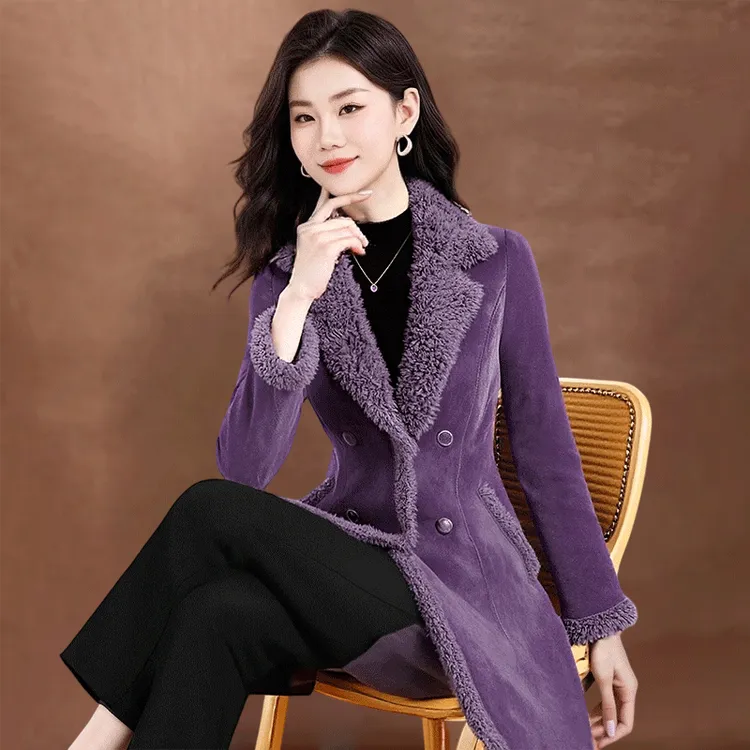 【恋晚】中长款外套紫色贵夫人时尚毛呢外套女2025年妈妈款宽松加厚