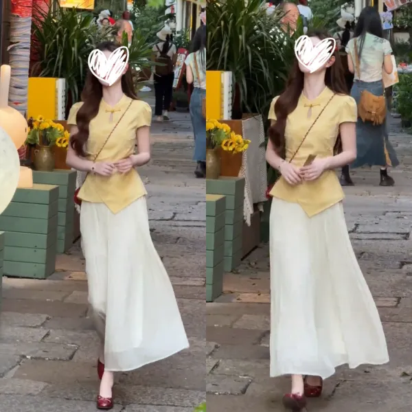 2025夏装套装女新中式显瘦改良旗袍短袖上衣缎面百褶半身裙两件套
