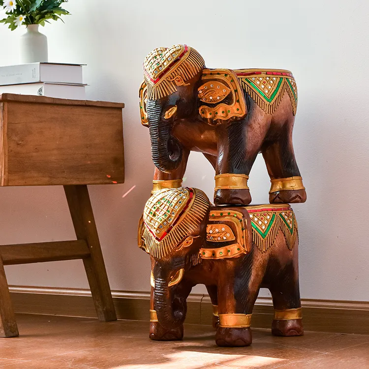 披金大象凳泰国手工玄关客厅木凳换鞋凳实木茶几圆矮凳东南亚风情