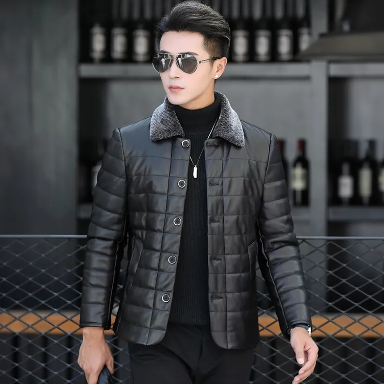 法尔利格男士皮衣绵羊皮羽绒服羊羔毛翻领修身短款夹克休闲外套