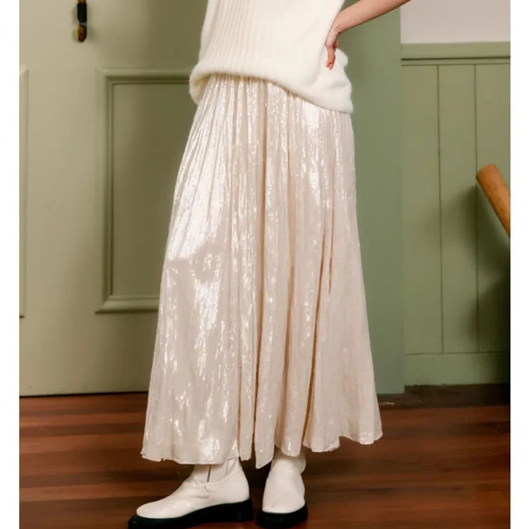 极简风抽褶丝绒米色高腰A字裙2024秋冬新款简约显瘦百搭半身裙