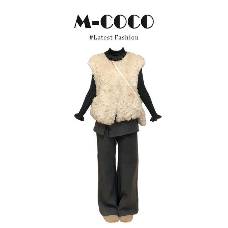 parkyeon巴恩风时尚米杏色毛绒绒马甲外套内搭上衣休闲裤三件套