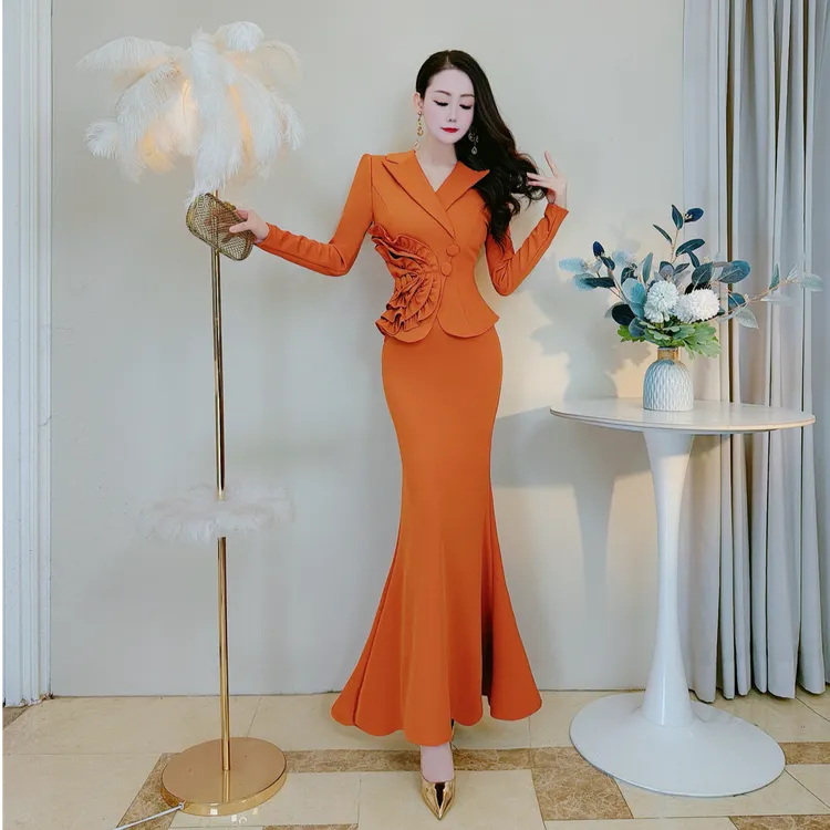 【雪儿原创】冬季女人味加绒加厚西装领鱼尾长裙修身显瘦包臀连衣裙