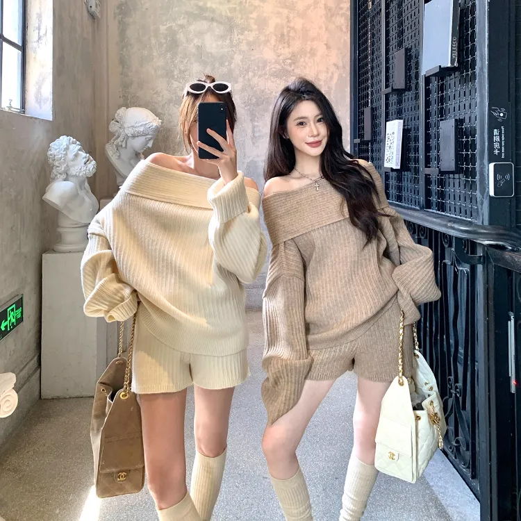 气质针织套装一字肩毛衣+宽松休闲短裤两件套女时尚套装潮
