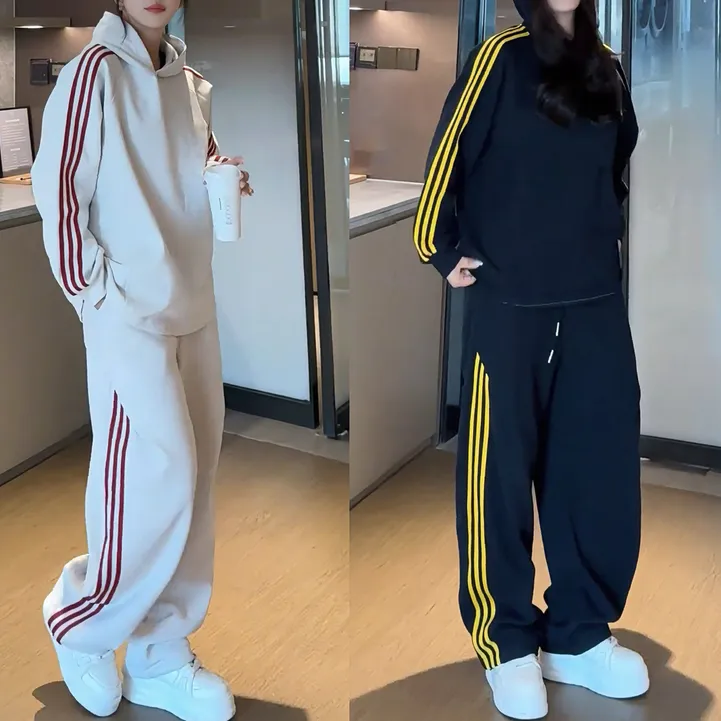 秋季新款美式侧条纹休闲运动套装男高级感痞帅连帽卫衣卫裤两件套