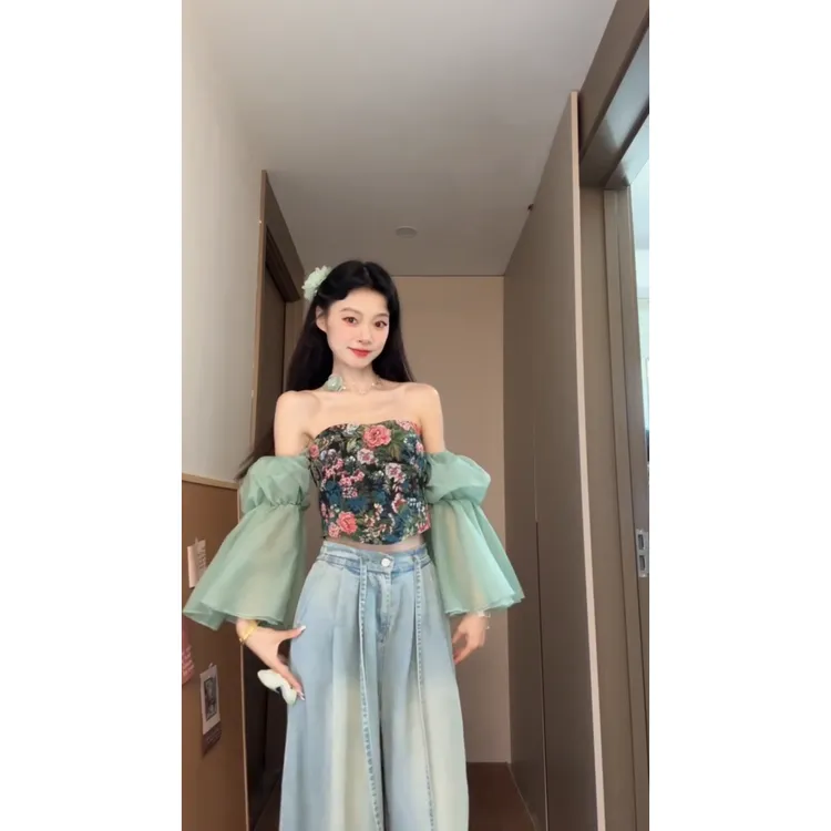 INS CEC纯欲甜美碎花性感小吊带抹胸一字肩鱼骨上衣牛仔裤两件套