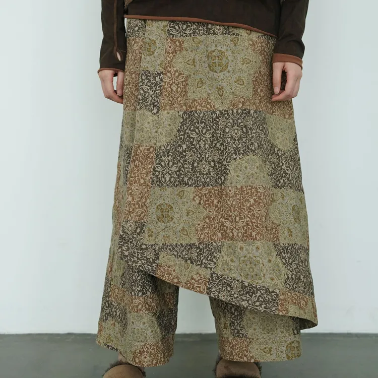 元素通勤春秋原创复古印花潇洒棉麻渔夫裤民族潮味混搭一片式裤裙