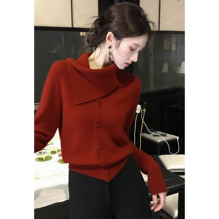 红色针织上衣女秋冬季内搭独特别致巨好看气质高端设计感翻领毛衣
