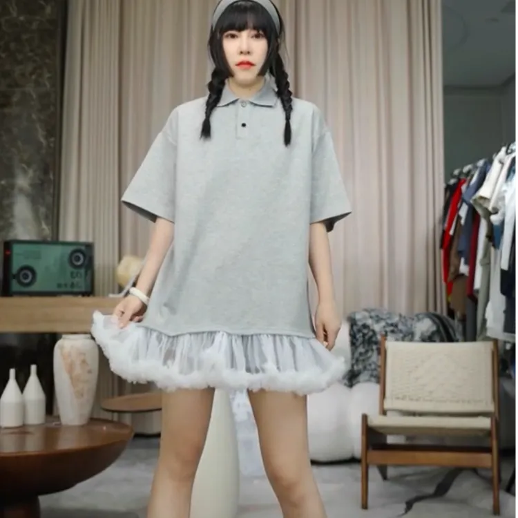 infobyfive2025夏季新款POLO衫拼接网纱蕾丝连衣裙一店NF0506031