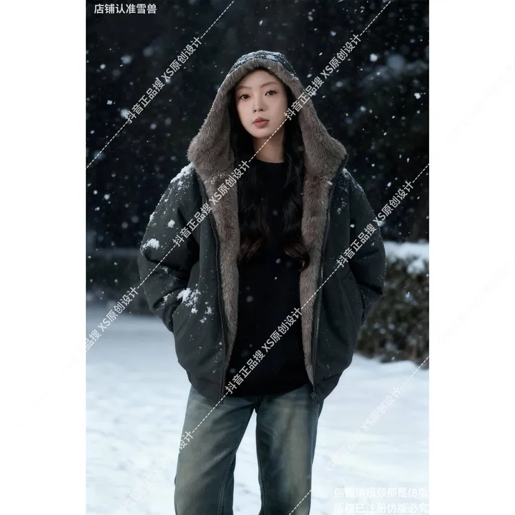 【连帽两面穿座山雕】仿双色银蓝狐重磅水洗牛津帆布保暖加厚外套XX