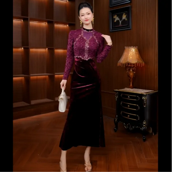 秋冬丝绒厚款时尚显瘦复古修身气质长袖女装连衣裙45486