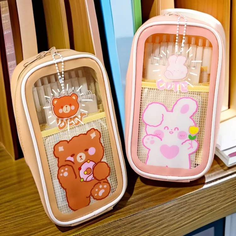 简约透明大容量竖立式学生笔袋高颜值文具收纳袋可爱卡通文具盒