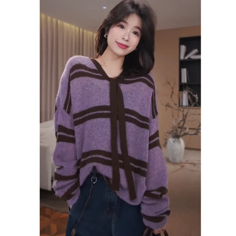 广州琴姐【织梦回廊】绵羊毛拼色条纹慵懒风毛衣针织衫女秋冬73138