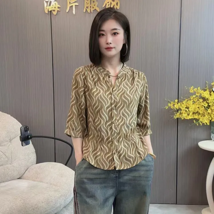 【海片】2529女士休闲时尚夏款衬衫打底衫夏季百搭中袖衬衣