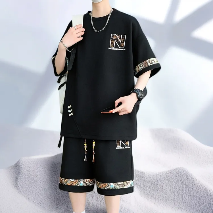 【厂家直销】夏季新款洋气潮牌大码休闲运动套装男士休闲服男款