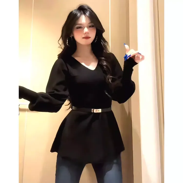 9397秋冬韩系V领灯笼袖针织衫胖mm大码收腰显瘦设计感黑色上衣女