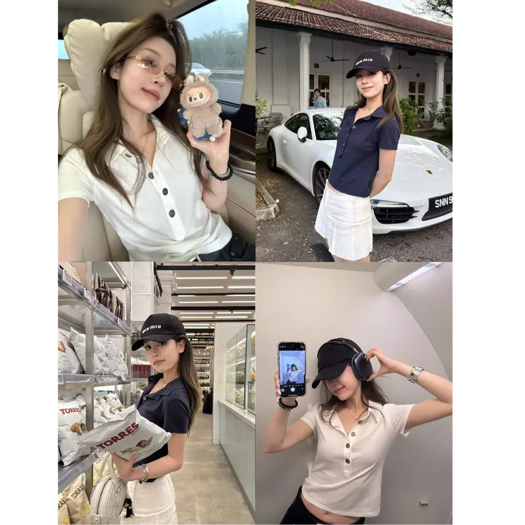 美式复古白色正肩短袖T恤女修身显瘦polo领百搭套头上衣C 8882#