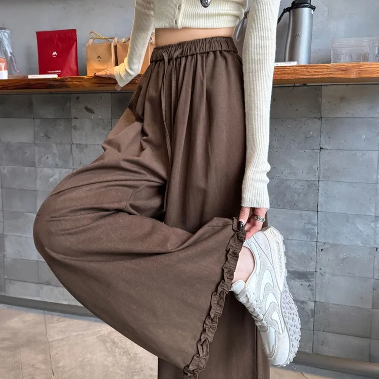 春秋季大码新款美拉德咖色花苞裤女松紧腰抽绳阔腿裤木耳边工装裤