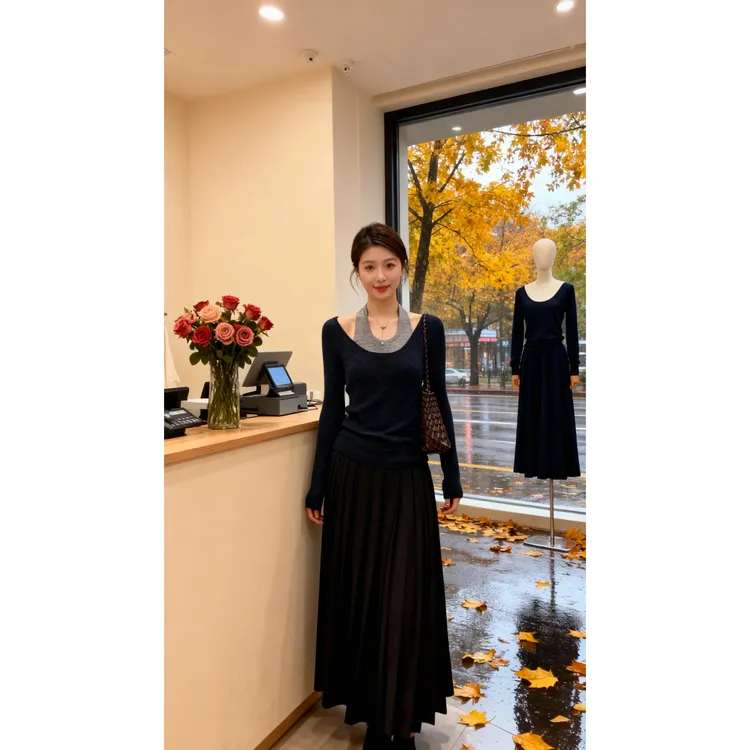 【现货秒发】柔软撞色挂脖打底衫修身针织衫薄款假两件设计上衣